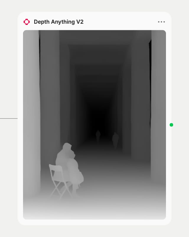 Depth Anything V2 node output: depth map of a seated cellist, columns receding to a dark vanishing point