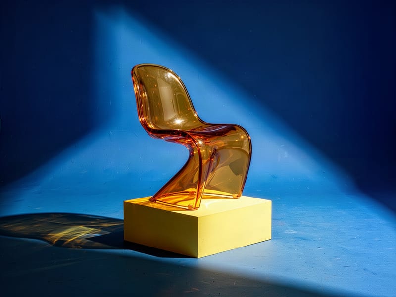 Amber acrylic chair on a yellow plinth in a blue studio, generated with eight-step FLUX.2 Turbo