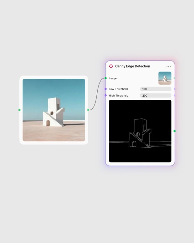 Real Fuser canvas connecting the dedicated stair-tower photograph to Canny Edge Detection.