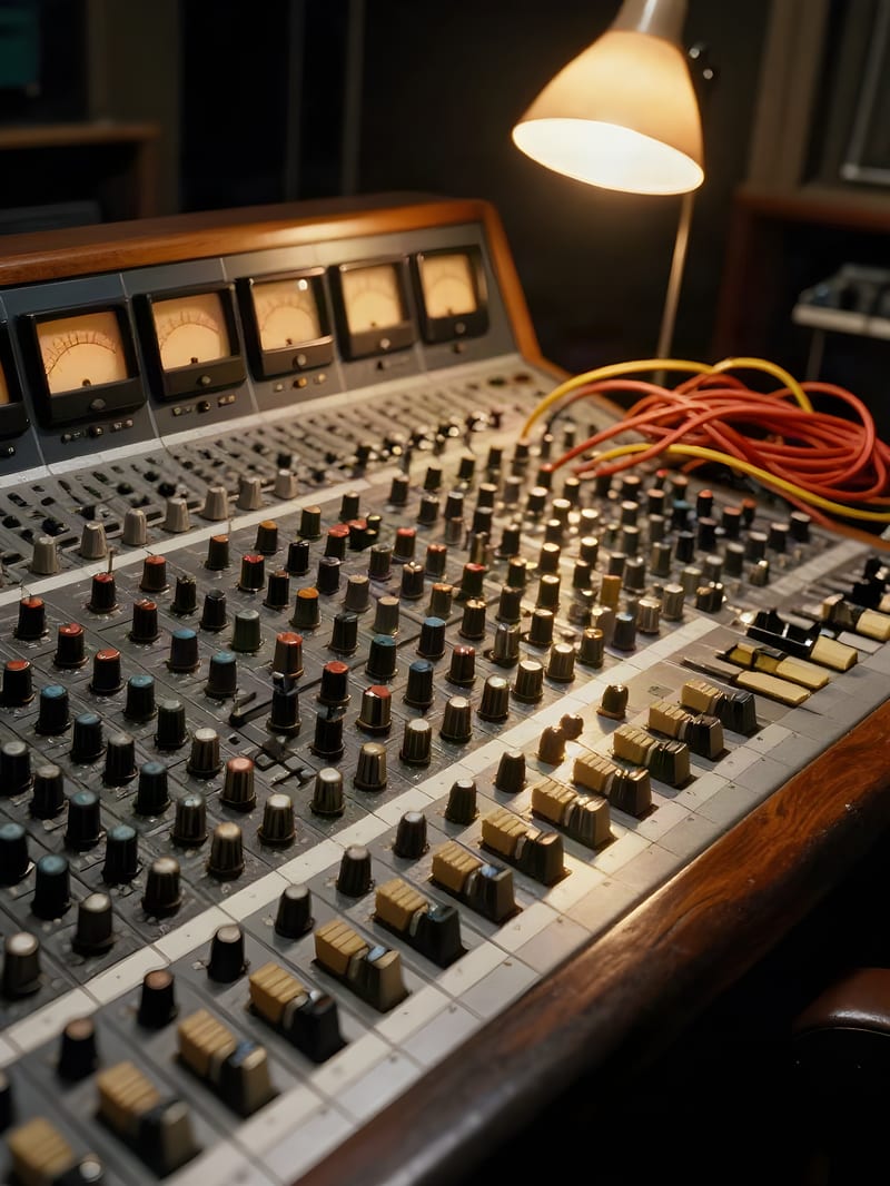 Archival-style analog mixing console with rotary knobs, VU meters and colorful cables, upscaled by ESRGAN.