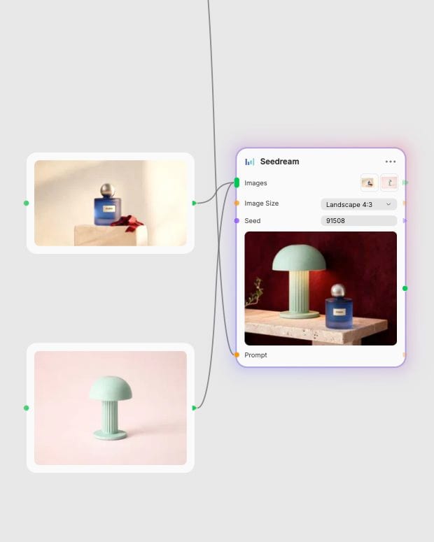 Fuser app with perfume bottle and lamp reference images connected to a Seedream node and its completed combined composition.
