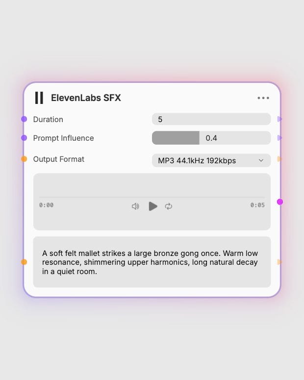 ElevenLabs SFX: Set Duration and Influence. Real local Fuser canvas capture.