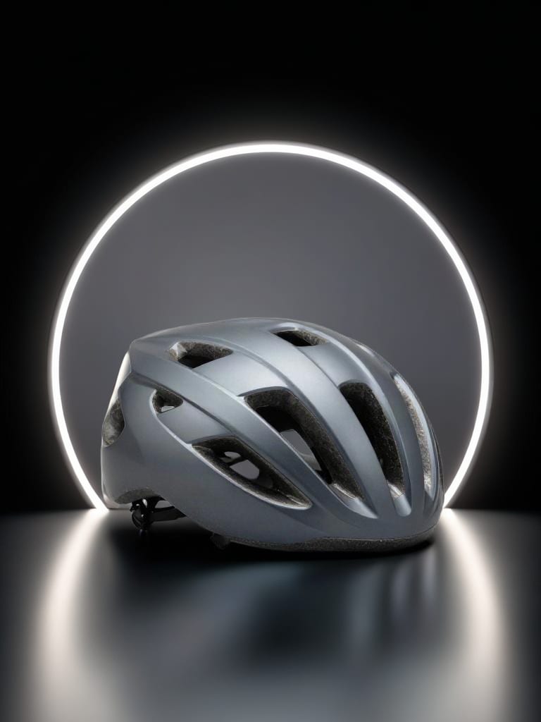 Graphite cycling helmet on a metallic platform in a dark studio with cool rim lighting.