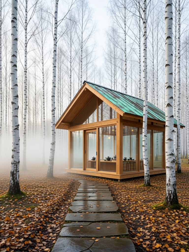 Contemporary timber tea house among silver birch trees.
