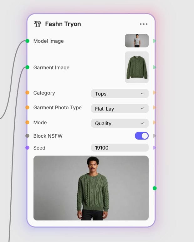 Fashn Tryon in Fuser with model and garment references, Tops category, Flat-Lay garment type, Quality mode, and the completed sweater result.