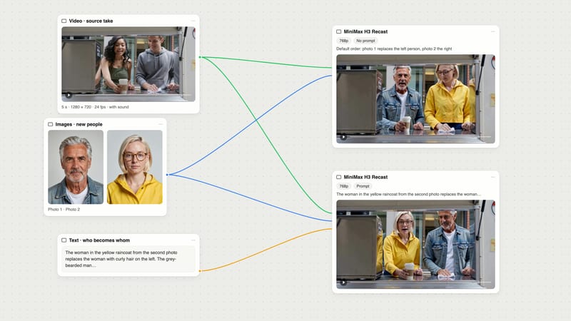 Fuser canvas with a source video, two AI-generated portraits and a prompt wired into two MiniMax H3 Recast nodes