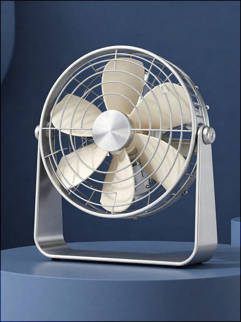 Brushed metal desk fan with fine grille details, enlarged with Topaz Precision.