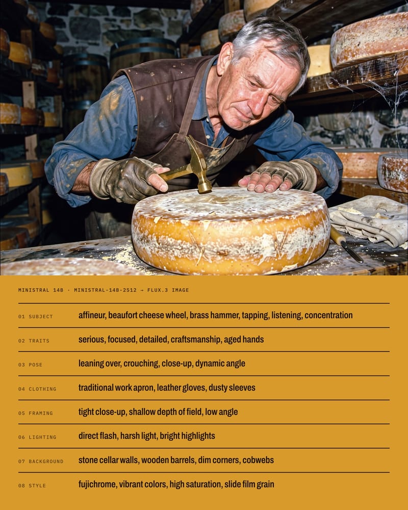 Photo of an affineur tapping a Beaufort wheel with a brass hammer, above an ochre sheet of eight ordered prompt-tag lines