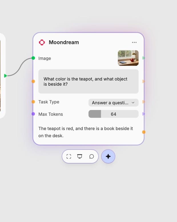 The Moondream node configured with an image question, query task, and token limit.