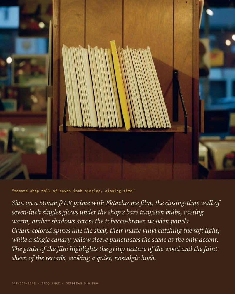 Record shop shelf of cream sleeves with one canary-yellow single under bare bulbs, above the image prompt paragraph that produced it