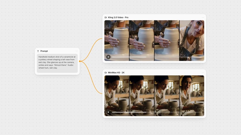 Fuser canvas: one prompt node wired to a Kling 3.0 Video node and a MiniMax H3 node at 2K, each showing four frames of a potter at a wheel from the same prompt.