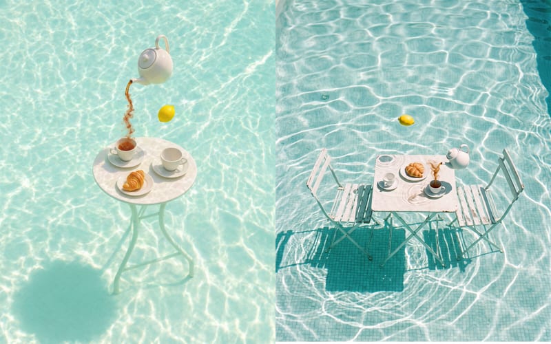 Krea 3 and Nano Banana 2.1 surreal scenes of a breakfast table in a sunlit swimming pool, with a teapot pouring and a lemon in the water.