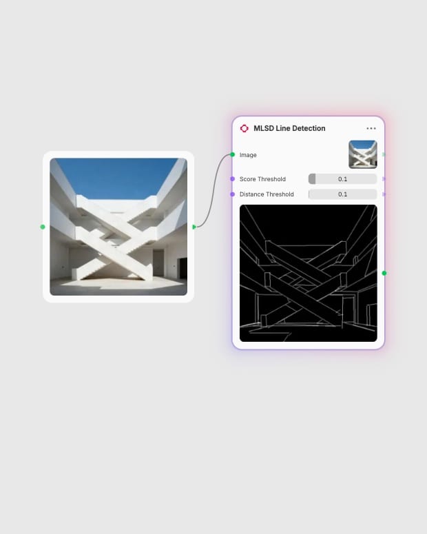 Actual Fuser canvas connecting a staircase photograph to MLSD Line Detection.