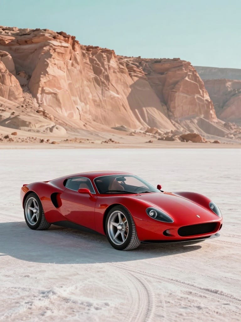 Red sports coupe on a pale salt flat below peach sandstone cliffs, generated with Z-Image.