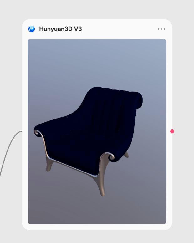 Actual generated chair GLB displayed in the Hunyuan3D V3 node on the local Fuser canvas.