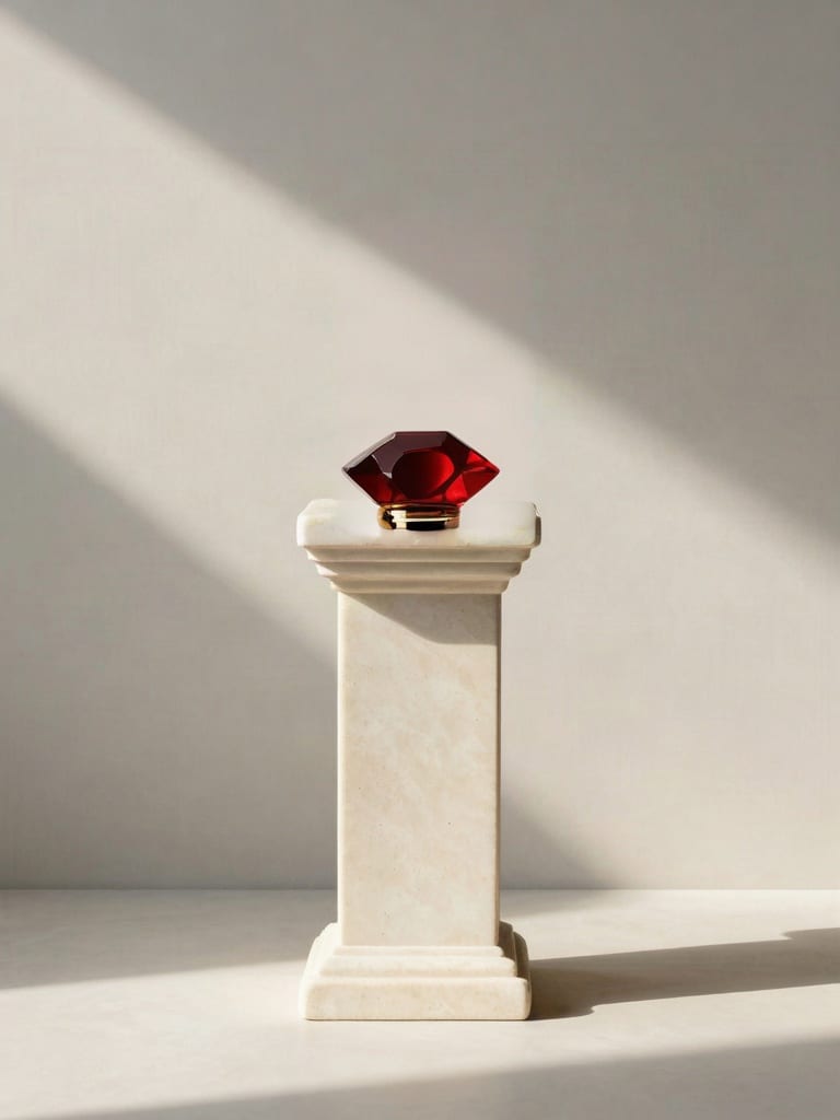 A sculptural ruby-red glass object inserted on a sunlit limestone plinth using SDXL Inpainting.