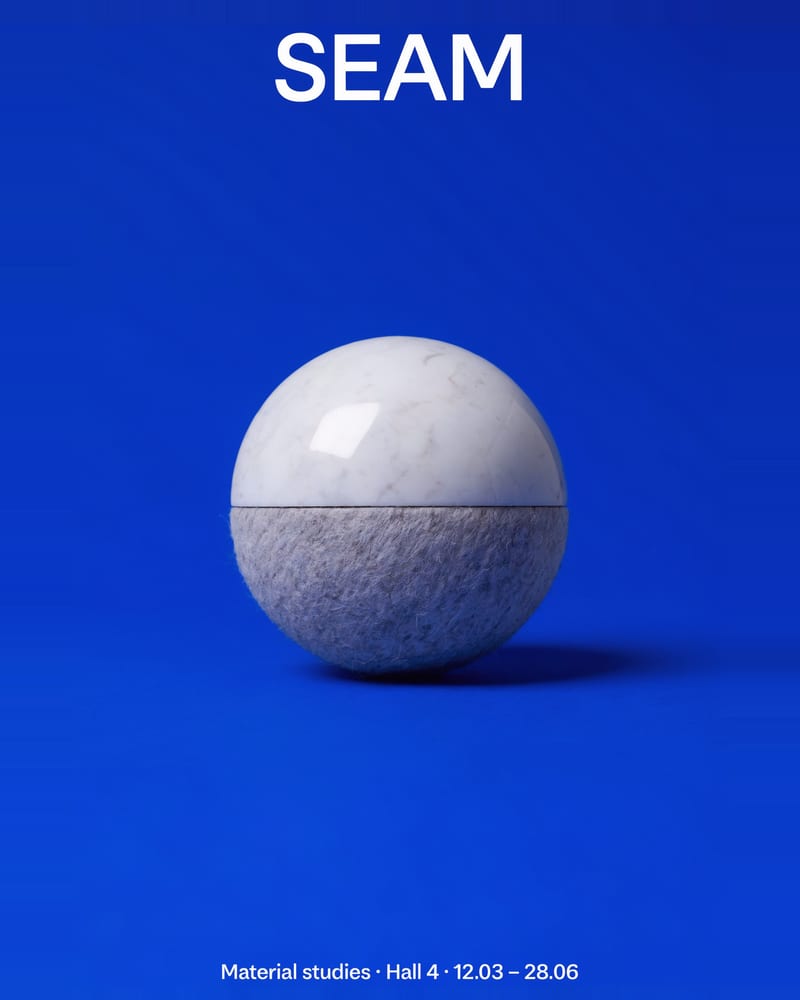 Ultramarine poster titled SEAM showing a sphere split between polished white marble and grey wool felt