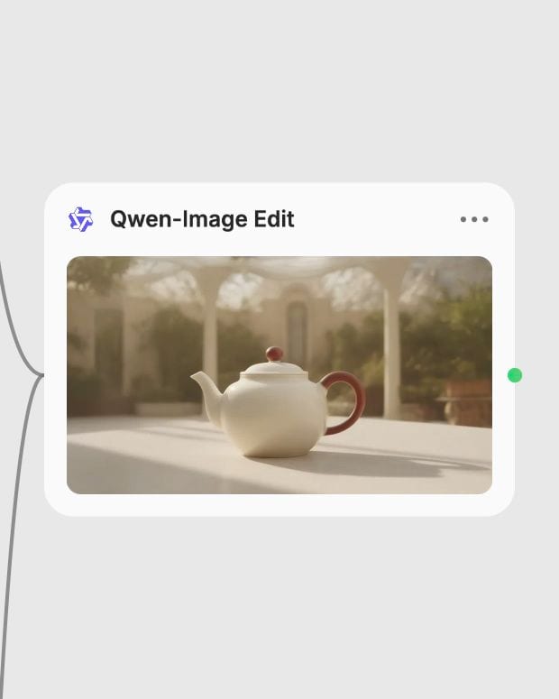 Qwen-Image Edit node in Fuser displaying the completed conservatory product-staging result.