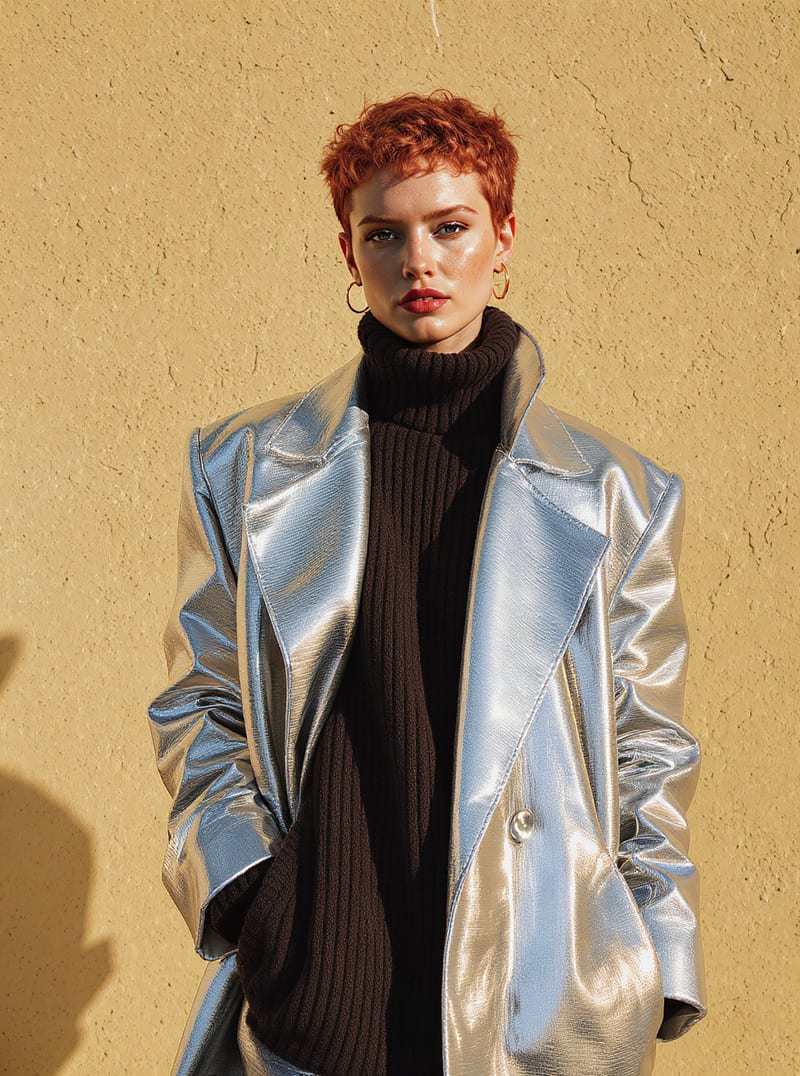 Short red-haired woman wearing a metallic silver coat over dark knitwear against ochre plaster.