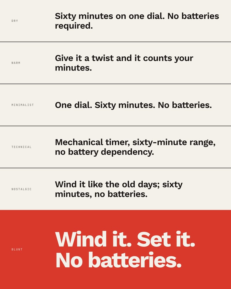 Six tone variants of a kitchen-timer blurb in stacked bands, ending in a red band reading Wind it. Set it. No batteries.
