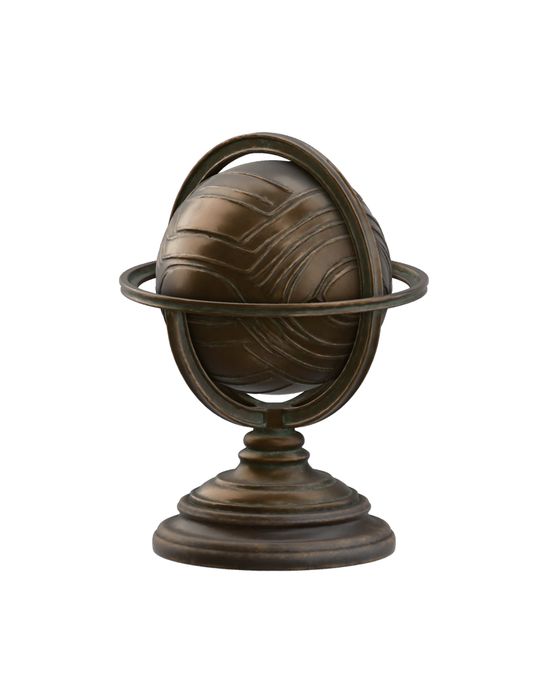 fictional antique bronze armillary globe, patinated verdigris and precise concentric rings, wooden plinth — rendered from a native trellis-2 3D generation