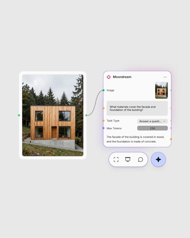 Moondream identifying wood and concrete materials on a modern house.