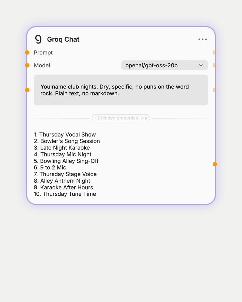 Groq Chat node settings with openai/gpt-oss-20b selected, a club-night naming system prompt and ten karaoke night names