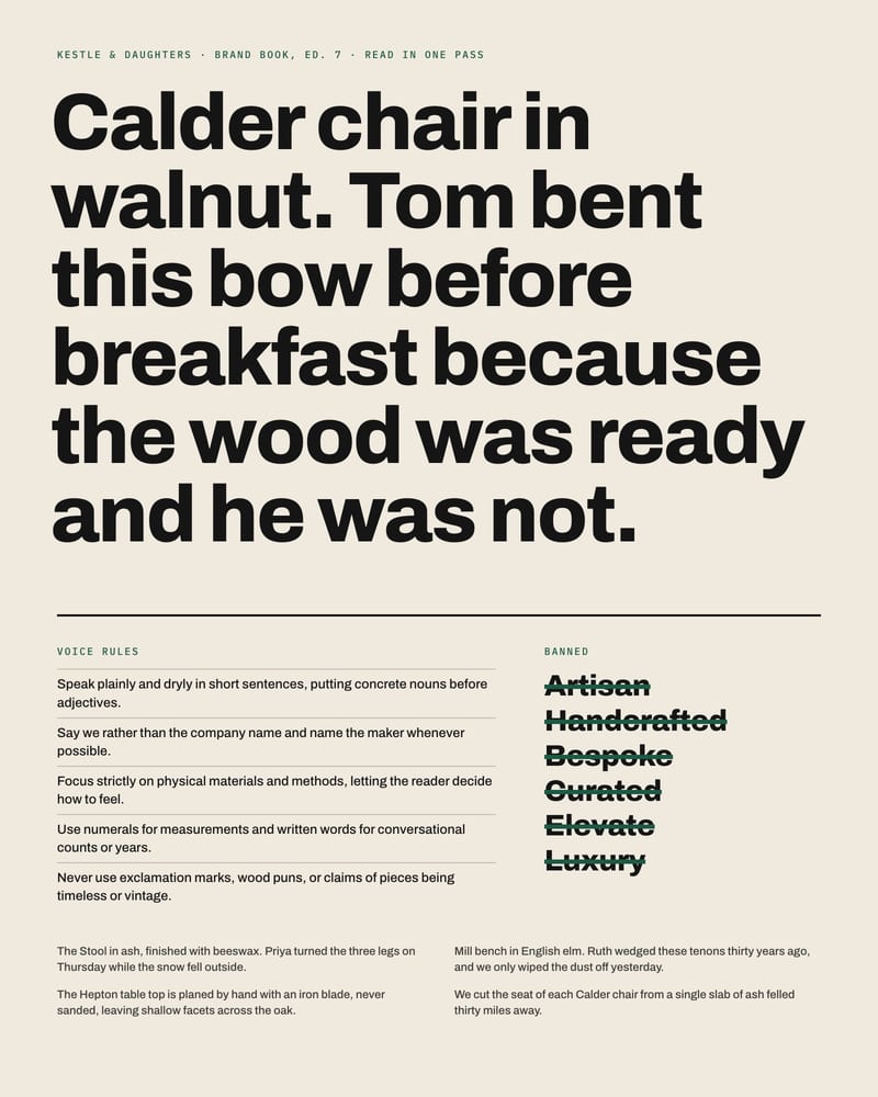 Brand book digest: a large caption about a walnut Calder chair, five voice rules, and six banned words struck through in green