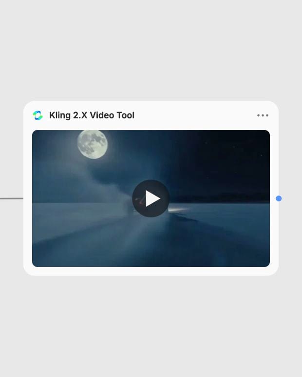 A Kling 2.X Video Tool result node showing a moonlit salt-flat racing clip in Fuser.