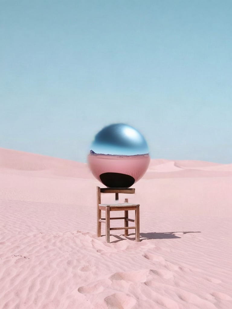 A reflective chrome sphere inserted above a wooden chair in a pink desert with SDXL Inpainting.