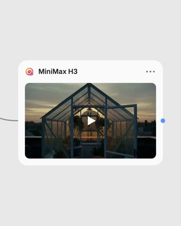 The MiniMax H3 result node showing a generated rooftop greenhouse video.
