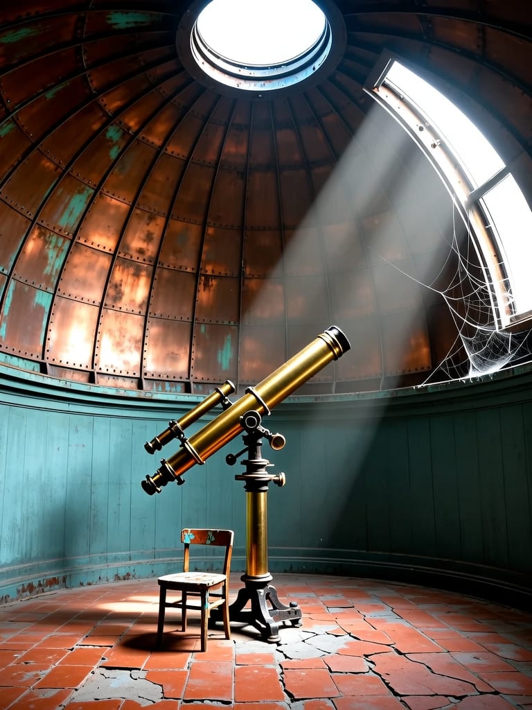 Brass telescope inside an observatory with a bright diagonal shaft of sunlight.