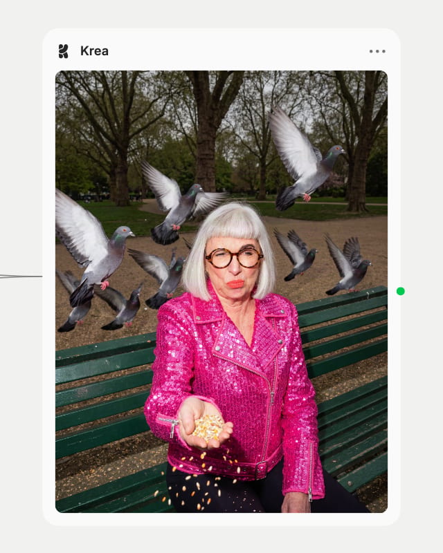 Krea node output: woman in a pink sequinned biker jacket and tortoiseshell glasses flinging seed on a park bench as pigeons burst up under flash