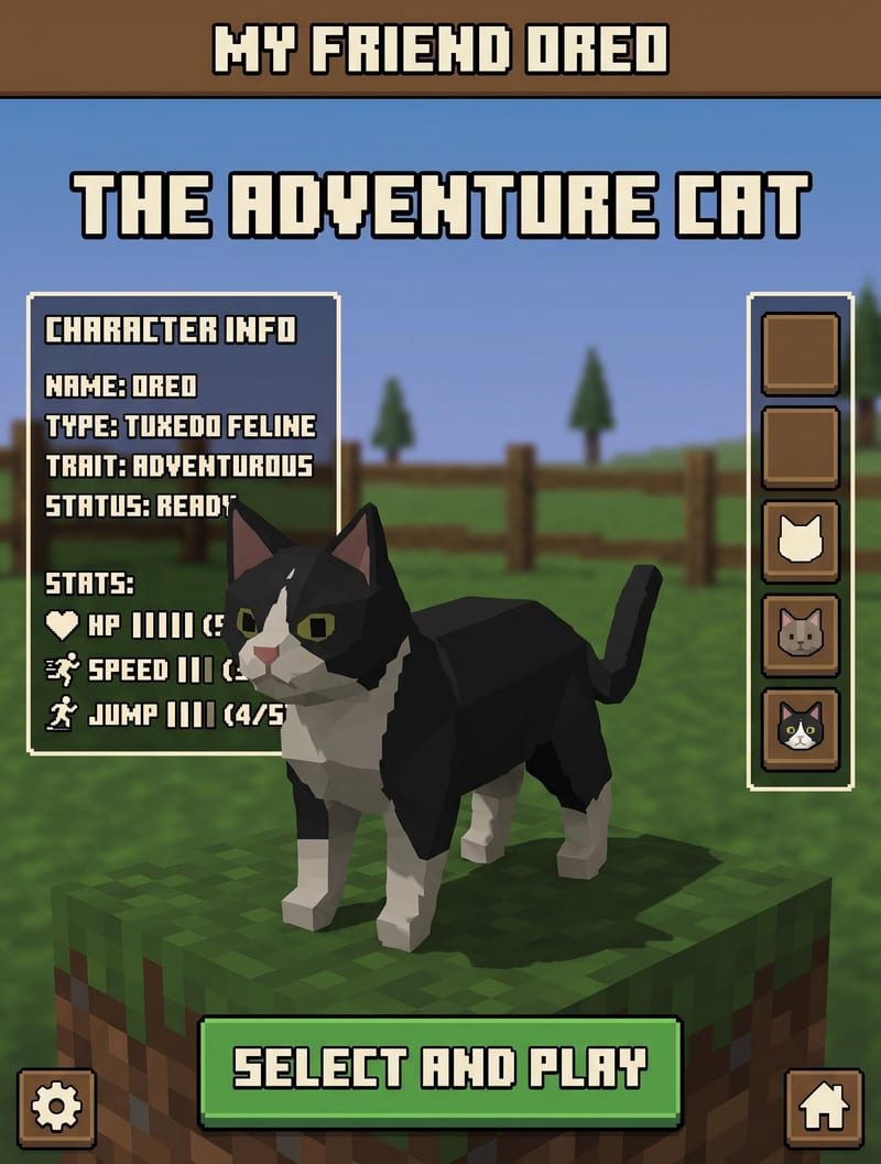 Game character-selection screen concept featuring a black-and-white cat in a grassy environment.