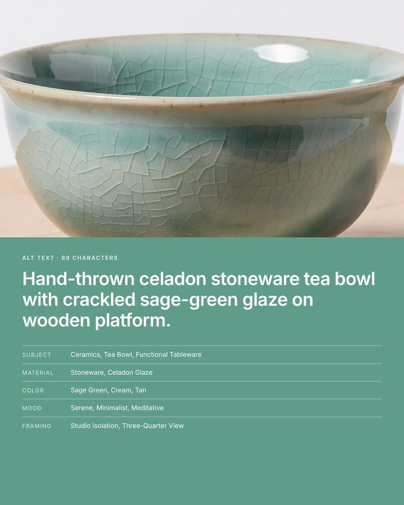 Close crop of a crackled celadon tea bowl above a celadon panel with its alt text set large and five catalogue tags