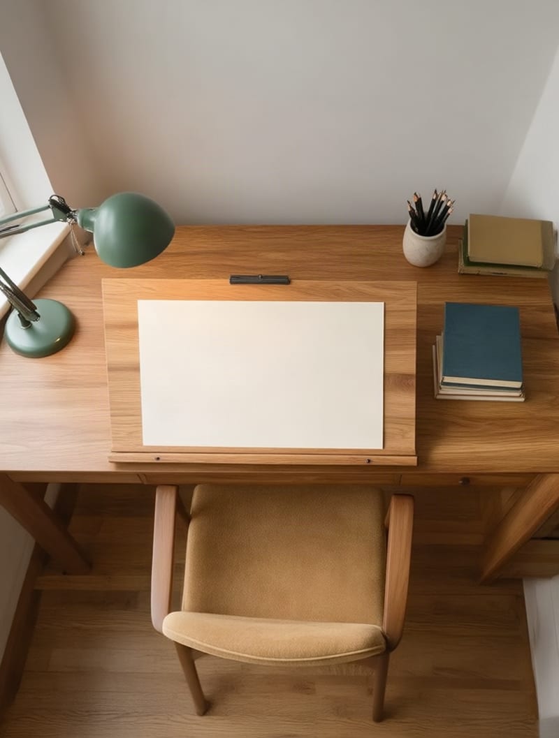 Overhead view of an oak drafting desk, green lamp, books and tan chair in window light.