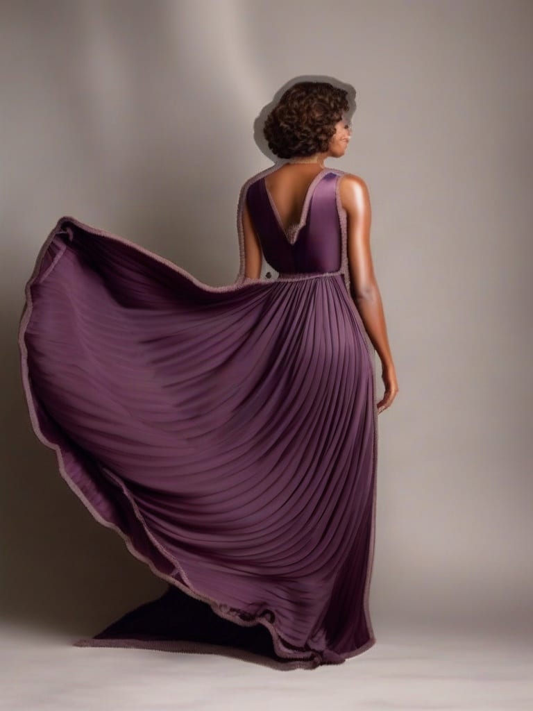 Plum-gown fashion render made by SDXL Canny ControlNet using a dedicated HED soft-edge map to preserve the flowing drapery silhouette.
