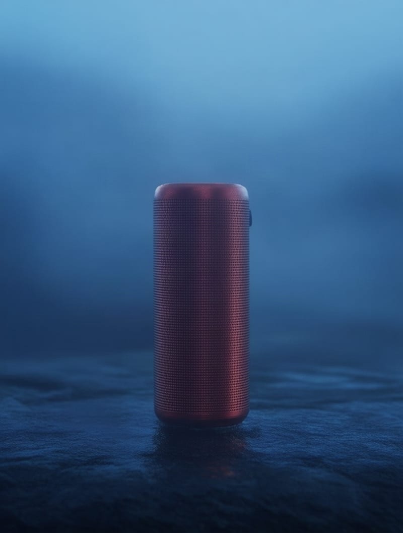 Red cylindrical speaker staged on wet dark rock in cool blue mist.