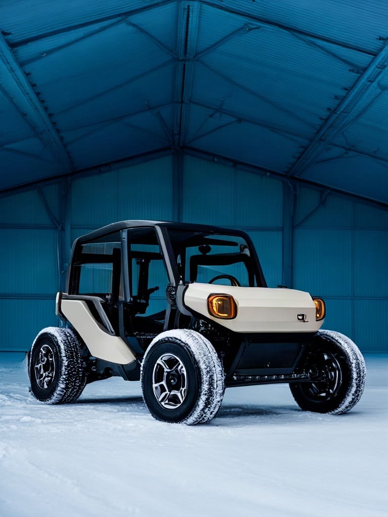 Compact white electric snowcat inside an ice-blue maintenance hangar, generated with Wan-2.2 Lite.