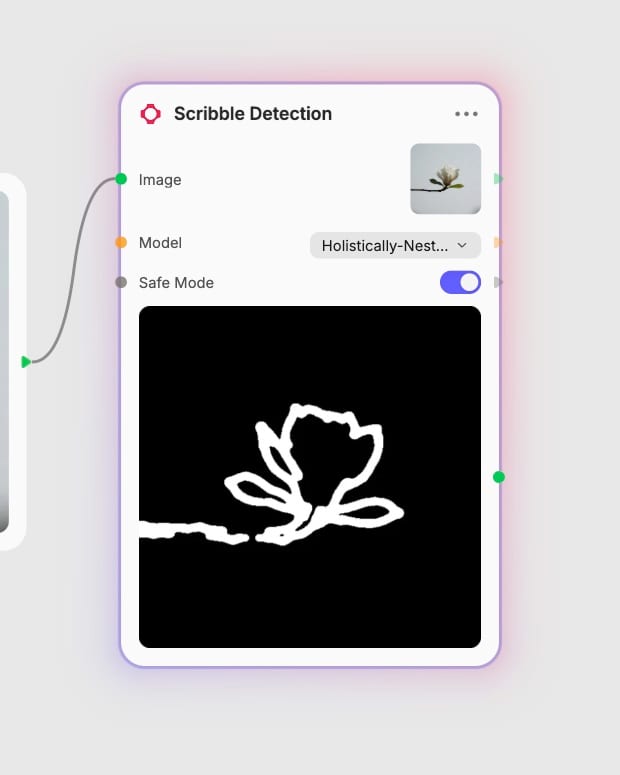 Scribble Detection in Fuser showing the HED algorithm selection and its magnolia contour output.