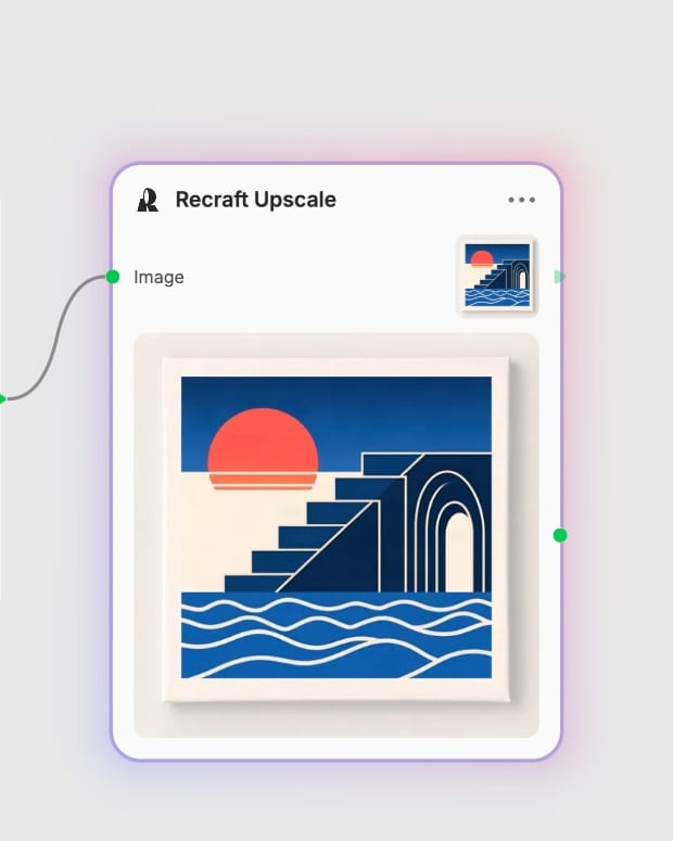 Actual Recraft Upscale node showing its image input and completed output in Fuser.