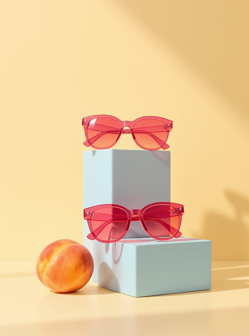 Coral translucent sunglasses on pale blue plinths with a peach.