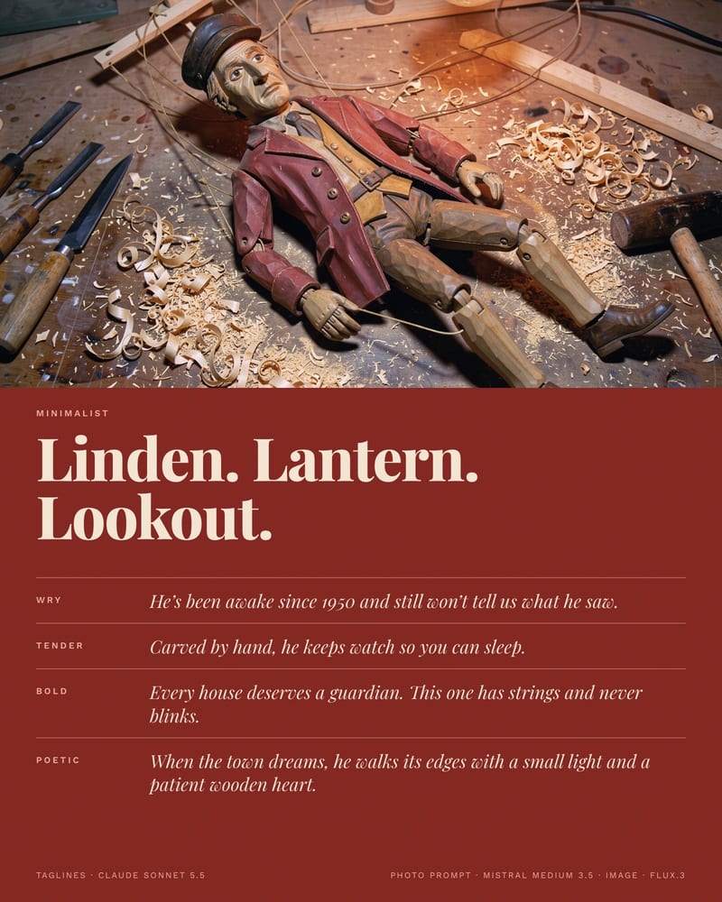 Carved marionette night watchman lying slack on a workbench in wood shavings, above five taglines in five voices