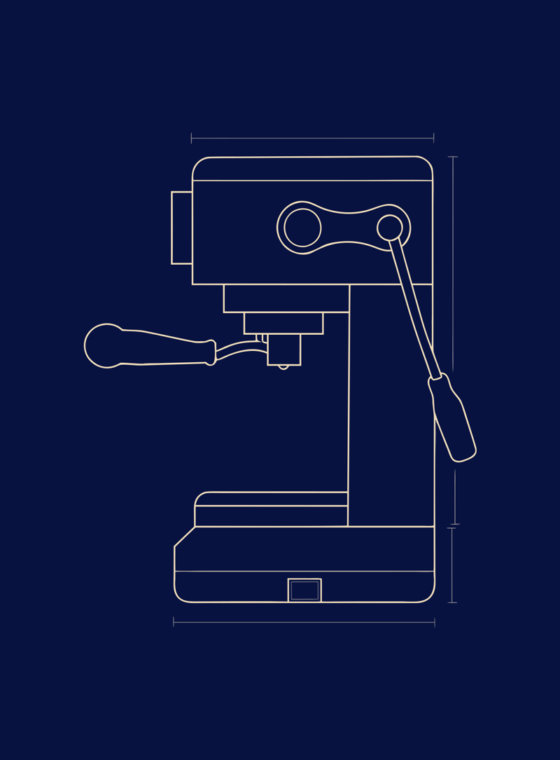 Preview of an original Recraft SVG blueprint of a manual espresso machine in cream contours on navy.