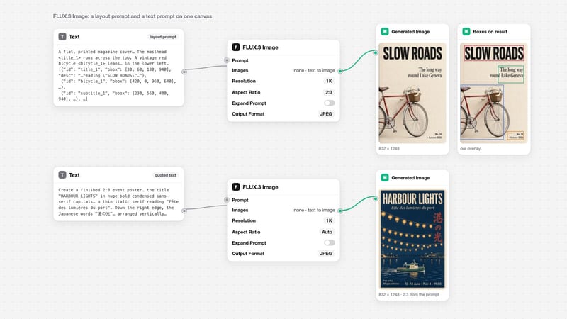 Fuser canvas with two FLUX.3 Image nodes: a bounding-box layout prompt producing a SLOW ROADS magazine cover, and a quoted-text prompt producing a HARBOUR LIGHTS festival poster.