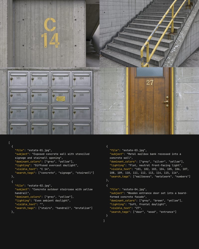Four survey photos of a brutalist housing estate above JSON tags for subject, colors, lighting, visible text and search tags