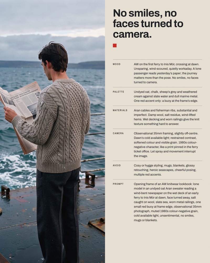 Man in an Aran sweater reading a paper on a ferry deck beside a lookbook brief: mood, palette, materials, camera, avoid