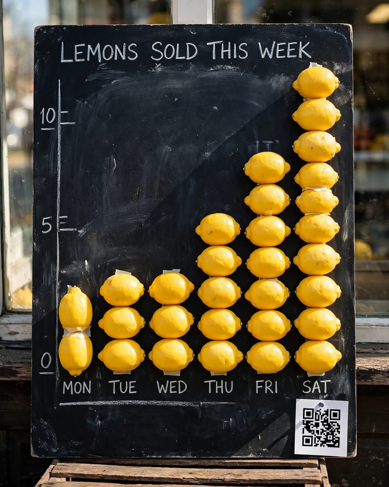 Greengrocer's chalkboard bar chart of lemons sold Monday to Saturday, each bar made of real lemons taped up, with a QR code card in the corner