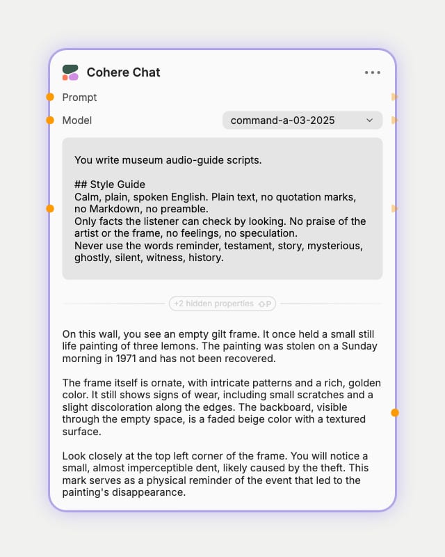 Cohere Chat node on command-a with a tuned audio-guide system prompt, returning a three-paragraph script about an empty gilt frame