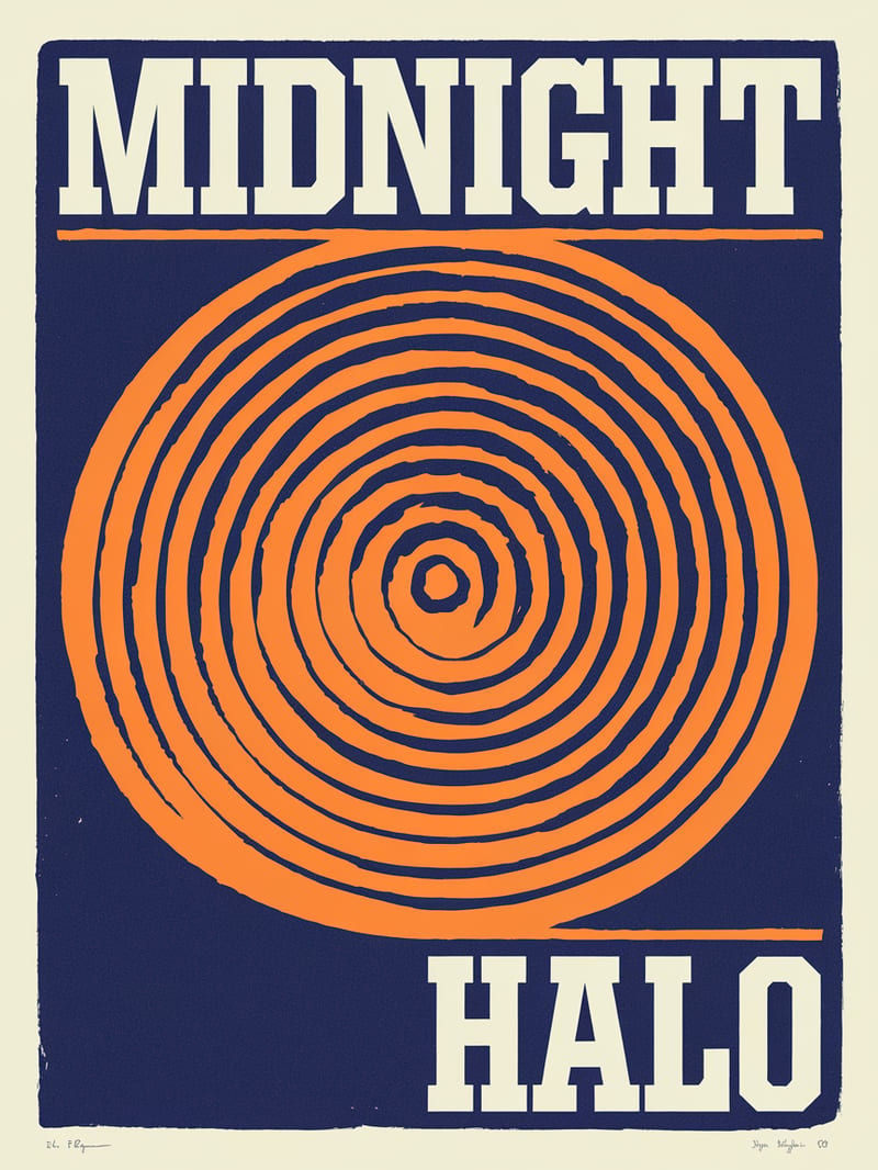 MIDNIGHT HALO album artwork with orange screenprinted circles on indigo.